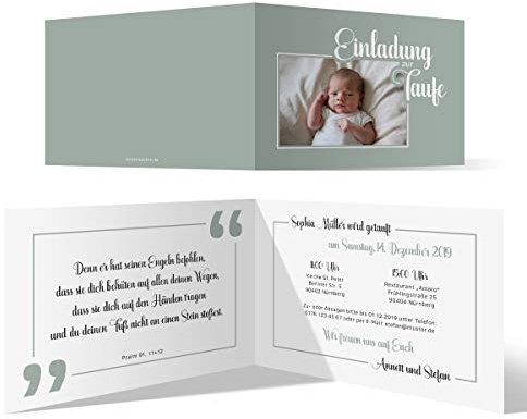 30 x Personalisierte Einladungskarten zur Taufe individuell für Junge oder Mädchen Klappkarten mit eigenem Foto - Zitat Motiv, Klappkarte DIN A6, dickes 300g/qm Kartonpapier