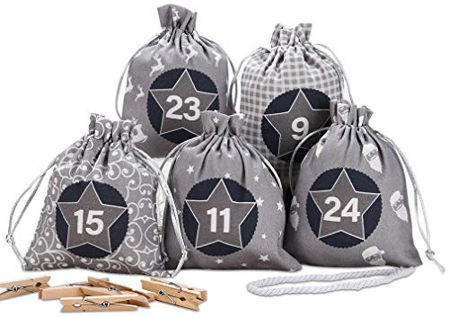 KOHMUI Adventskalender zum Befüllen, Weihnachtskalender Selbstbefüllen Aufhängen, 24 Grau Stoffsäckchen Selbst Befüllen Bastelset, Weihnachten Geschenksäckchen, Hochwertige Geschenktüte aus Baumwolle