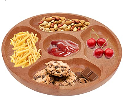 Bandeja para servir con 5 divisiones, platos redondos de madera para postre, con frutas, con división, bandeja para refrigerios, platos de control de porciones para adultos y niños, 11.8 pulgadas