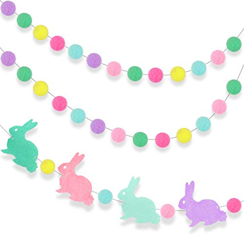 3 Pieces Easter Pom Pom Garlands Colorful Felt Ball Garlands Felt Bunny Ball Garland Pom Pom Hanging Garland Decorations for Easter Holiday Birthday Party Decorations