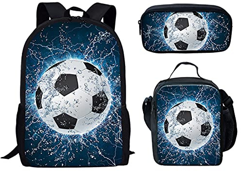 Biyejit Water Soccer Print School Bag Set Children Backpack Casual Daypack Insulated Lunchbox Pencil Case 3 Piece for Teen Kids