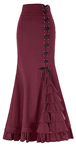 BININBOX Falda Larga a Estilo Gótico para Mujer Falda Larga y Elegante en la Forma de Cola de Sirena con Volantes (2-Vino Rojo, XL)
