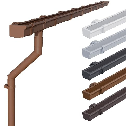 INEFA 2x Grondaia in plastica, kit grondaia rettangolare 68mm, 2m Marrone | Set grondaia con pluviale per 2 lati tetto, in PVC-U per casetta da giardino, resistente intemperie, con accessori