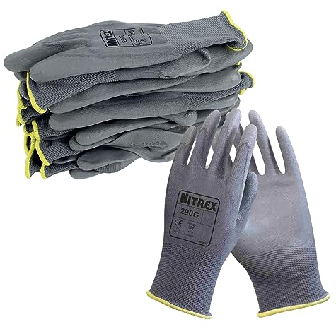 NITREX Guantes de trabajo y seguridad de 290 g, 10 pares de guantes de manejo general negros con revestimiento de palma de poliuretano, talla 9, grande