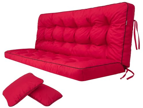 Bjird Bankauflage für Gartenbank, Polsterauflage für Hollywoodschaukel, Gartenschaukelkissen, Sitzkissen und Rückenkissen, gesteppt, inkl. 2 Seitenkissen, 100 x 49 x 56 cm - rot