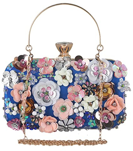 CORIOS Clutch väska för kvinnor, blommor, kvällsväska, bröllopsväska, elegant kedja, glänsande strass, handväska, axelväska, axelväska för bröllop, bal, bankettfest, blå, L, Elegant