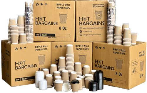 HOT BARGAINS - Kraft Triple Walled Disposable Paper Ripple Cups - 50 X 8oz / 250ml, Hot Drink Cups + Reusable Lids (Black/White) (8oz)