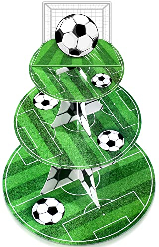 Nuenen Soccer Cupcake Topper Soccer ball Theme Party Cupcake Stand Decorations, 3 Tier Football Sports Theme Stand Soccer Field Decor for Teenagers Sports Birthday Party Supplies