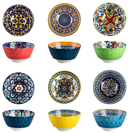 HENXFEN LEAD cuencos de postre, bol de aperitivo 360ml, ensaladera de porcelana bol de cerámica para helado, arroz, postre, etc. Colorido, paquete de 6 - Estilo bohemio