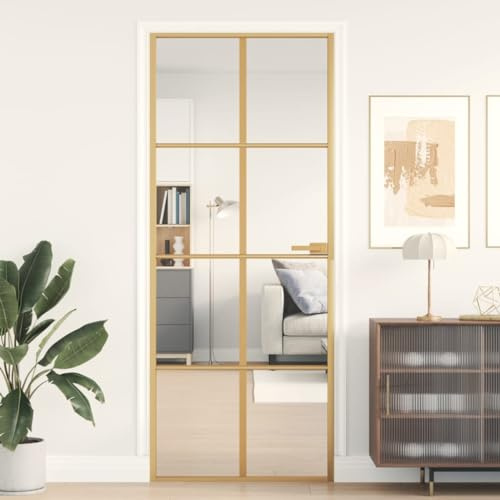 Festnight Innentür Schlank Zimmertüren Golden-4 Glastüren Innen 83x201,5 cm Zimmertüren Mit Zarge Komplett Innentüren Mit Zarge Zimmertür Innentüren Glas Hartglas und Aluminium