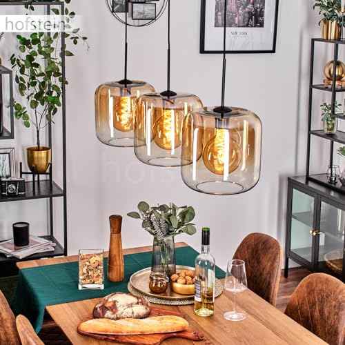 HOFSTEIN Hängeleuchte Lauden, 3-flammige Hängelampe aus Metall/Glas in Schwarz/Bernsteinfarben/Klar, moderne Pendelleuchte im Retro/Vintage-Design, Ø Schirme 25 cm, E27, Esszimmer, Küche, Wohnzimmer