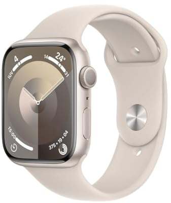 Apple Watch Series 9 [GPS, 45 MM] - Carcasa de Aluminio Blanco Estrella con Banda Deportiva de Caucho Blanco Estrella, M/L (Reacondicionado)