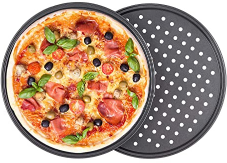 Lot de 2 Plaque à Pizza, Ronde Moules à Pizza en Acier Carbone, Perforé, Antiadhésif Pizza Baking Tray Plat à Pizza pour Pizza Tartes Flambées (∅32 cm)