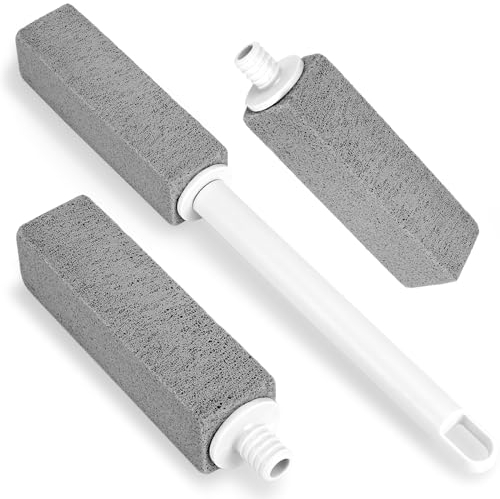 Pumice Stone Toilet Bowl Cleaner with Extra Long Handle, Replaceable Rim Limescale Cleaning Stones Stick Refills, Hard Water Stain Remover Brush for Sink, Pool, Bathtub, Tiles, Grills (Grey, 3 Pack)