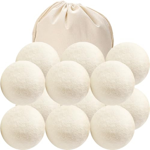 12 Pack Wool Dryer Balls XL Reusable Laundry Balls for Dryer Natural Fabric Softener Ball with 1 Storage Bags Reduce Wrinkles and Decrease Drying Time