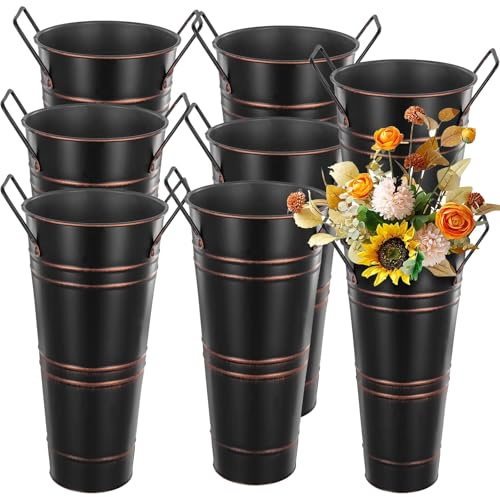 KINJOEK 8 PCS 9 Inch Galvanized Metal Flower Vases, Rustic Farmhouse French Flower Bucket Pots with Handle, Tall Galvanized Metal Vases for Centerpieces, Planter, Home Decor, Black