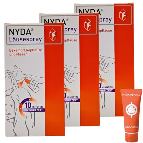 NYDA Läusespray gegen Kopfläuse und Nissen, 10 Minuten Einwirkzeit, inklusive Läusekamm, für Babys, Schwangere und Stillende I Sparset mit Duschgel von Pharma Perle (3 x 50 ml)