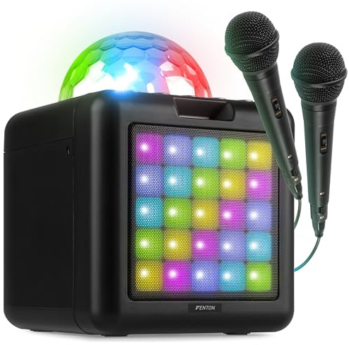 Fenton KAR15B Mobile Karaoke Maschine Kinder mit 2 Mikrofonen, Bluetooth, Akku, LED-Lichteffekte, Echo-Modi & AUX-Eingang - Tragbare Karaoke Box mit USB-C-Kabel, ideal für Partys & Duette - Schwarz