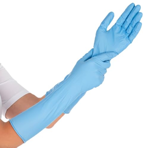 50 Stück, Nitrilhandschuhe, FRANZ MENSCH, L, blau, 40cm, Nitril, extra lang | Extra Safe Superlong, puderfrei, latexfrei, Packung, Schutzhandschuhe, Chemie, Mechanik, disposable gloves