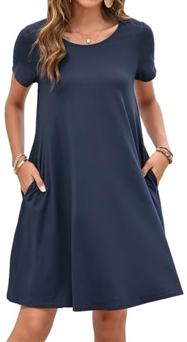 Enmain Abito Estivo Donna a Maniche Corte T-Shirt Vestiti con Tasche Casual Boho Lunghezza al Ginocchio Abito Donna, Blu Navy, 3XL