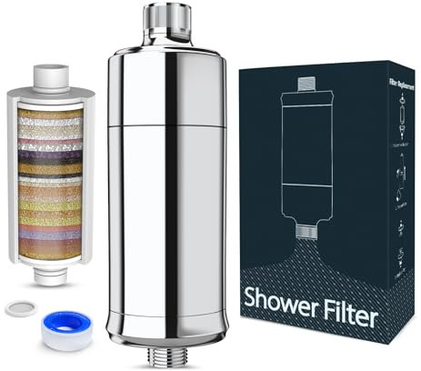 Filtro de Ducha de 32 Etapas con Vitamina C, MEKO Filtro Antical para Agua Dura, Filtro con Cartuchos Reemplazables de Purificación Multietapa para Eliminar Cal, Cloro Residual (Plata)