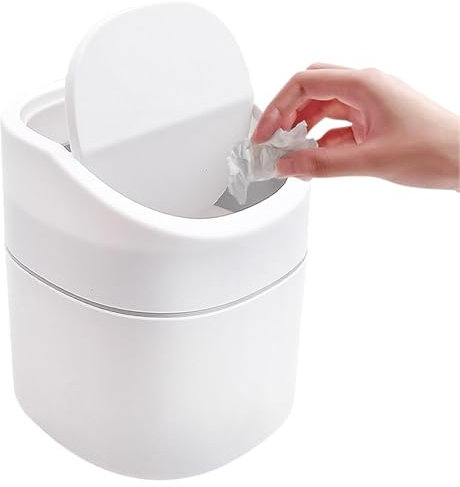 Mini poubelle avec couvercle basculant - Hauteur : 16 cm - Réduit les odeurs - Blanche - Compacte - Pour table et bureau