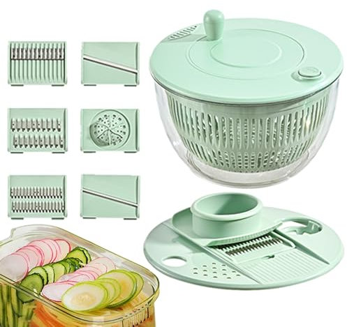 Vegetable Dryer Grater - Multifunction Spinner, Light Green Salad Tool | 23.5x14cm Ergonomic Lid Pump with Press-Stop Function, Longtail Kitchen Helper for Broccoli Rinsing, Fries Drying
