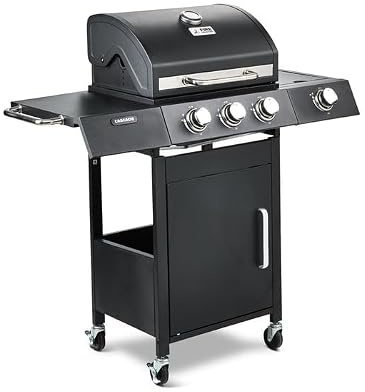 Fire Mountain Cascade 4 Burner Premium Gas BBQ, 3 Main + 1 Side Burner, Cast Iron Cooking Grill, Built-In Thermometer, Warming Rack Outdoor Barbecue for Garden & Patio