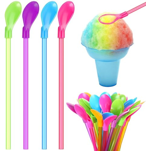 12 Pcs Slushie Straws, Colorful 2 in 1 Straw Spoon with Scoop, Plastic Reusable Straws for Smoothies, Milkshakes, Coffee, and Cocktails, Perfect for Parties and Events
