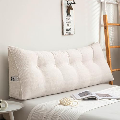 Rückenkissen Bett Beige 140 cm, Lesekissen für Bett und Sofa, Groß Keilkissen Rückenstützkissen mit Abnehmbarem Waschbarem Bezug, Sitzkissen Bett Rücken mit Praktischem Seitenfach