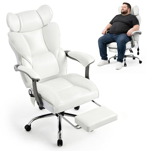 Fizzin Weiß Ergonomischer PU-Bürostuhl Chefsessel | 155° verstellbar, ausziehbare Fußstütze, aufblasbare Lendenstütze, breiter Sitz für Home Office, Make-up & Wohnzimmer