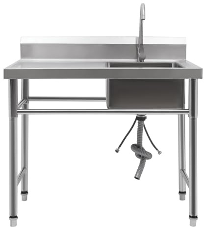 Edelstahl Spültisch, Spülbecken mit Waschbecken, 100 x 60 x 93 cm Küchenspüle mit Wasserhahn, Gewerbliche Gastrospüle mit Wasserhahn für Außen Innen Garten Werkstatt Bauernhaus (Rechte Spüle)