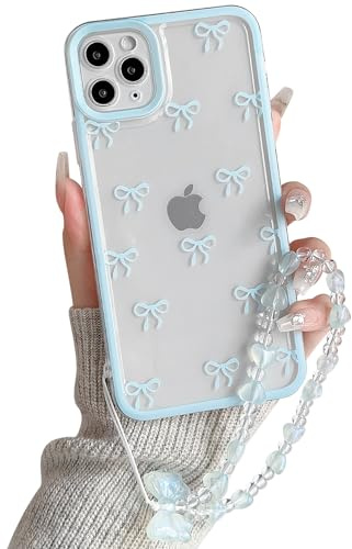 NITITOP for iPhone 11 Pro Max Case Cute Clear Bow Chain,Blue | for Women Girls, Aesthetic Bowknot Ribbon Design, with Wrist Strap, Soft TPU Shockproof Cover, Full Camera Protection