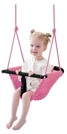 Swing Seat For Kids，Little Swing Set，Hand-Knitting Toddler Swing With Adjustable Ropes, Rope Play Swing Set For Tree, Outdoor Indoor, Playgroun(Pink)