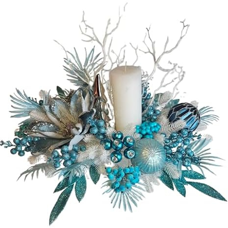 Weihnachtsgesteck + 1 Kerze Adventdekoration Kamingesteck, Weihnachtsgeschenk, Weihnachtsdeko Weihnachtsblumen Tischdekor, Tischgesteck, Winterdekor,Advent türkis weiss silber