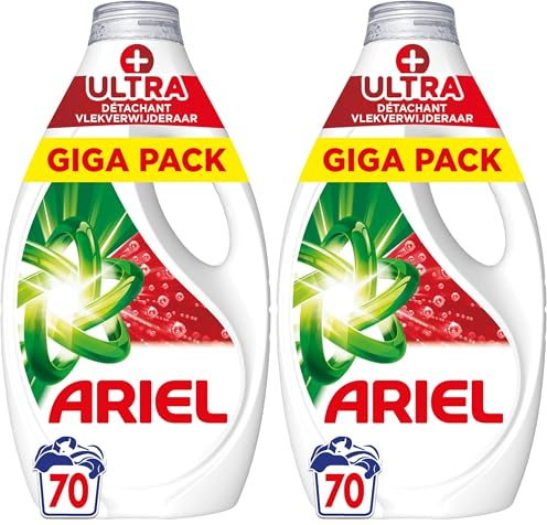 Ariel +Ultra Détachant Lessive Liquide, 70 Lavages (3.15L), Élimine Même les Tâches Incrustées Depuis 7 Jours, Impeccable Même à Froid, Fabriqué en France (Lot de 2)