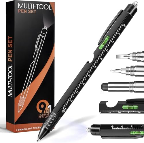 Gifts for Men Him Dad, Black 9 in 1 Multi Tool Pen Set with LED Light, Screwdrivers, Spirit Level, Stylus, Ruler, Bottle Opener, Includes 2 Ink Refills, Birthday Gift for Men