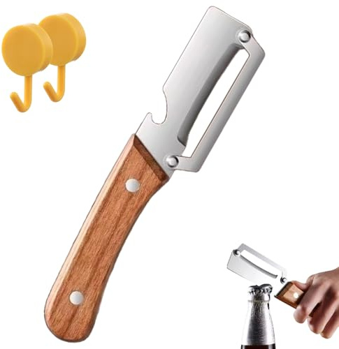 Multi-Functional Vegetable Peeler for Kitchen, Wooden Handle Stainless Steel Vegetable Peeler, 2-in-1 with Bottle Opener for Fruits Potatoes Julienne Cutting (1)