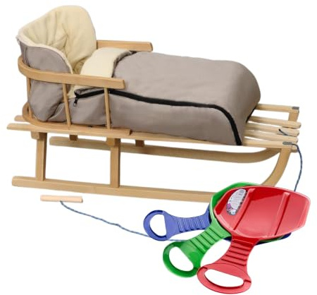 BirnePower Holzschlitten 90cm mit Rückenlehne und Winterfußsack 90cm oder 108cm Komplettset inkl. Zugseil & Gurt, Rodelschlitten aus Buchenholz