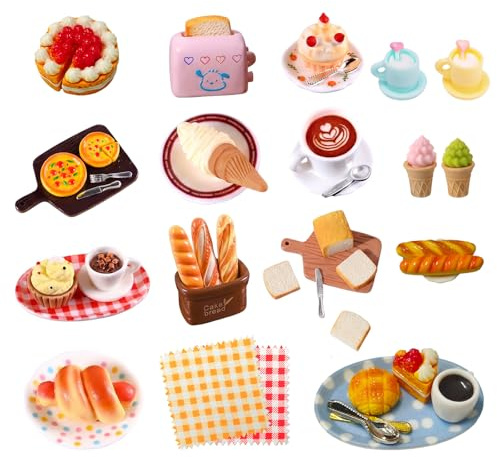 46 Stück Miniatur Essen und Trinken, Harz Lebensmittel Puppenhaus Zubehör 1/12 Miniatur Zubehör Deko Set mit Kuchen, Pizza und Kaffee für Mini Küche, DIY Puppenhaus, Wichtel Essen