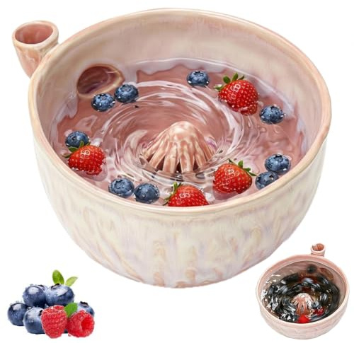 Ceramic Berry Washing Bowl (M,Style C - Petal Pink) - Self Rinsing Fruit Washer with Quick Drain Raised Dome, Heavy Stoneware Berry Basket Colander