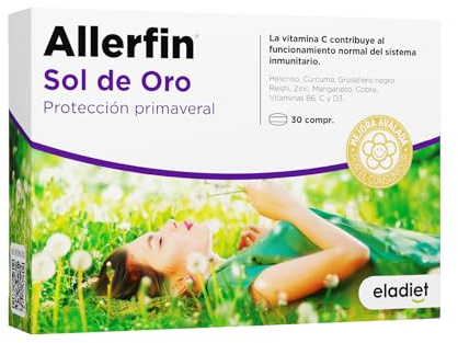 ALLERFIN SOL DE ORO FORTE para Síntomas Primaverales - Ayuda Contra al Polen, Polvo y Ácaros - Multivitaminico - Vitaminas C, D3, B6, Zinc, Magnesio, Cobre, Cúrcuma, Helicroso, Reishi | ELADIET