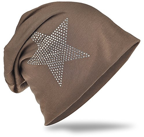 Miobo Jersey slouch beanie lång mössa stjärna med strass applikation unisex enfärgad män kvinnor trend, gråbrun, En Storlek