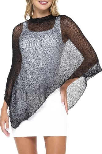 SHU-SHI Dam Sheer Stickad Poncho Shrug Lätt täcka upp en storlek passar de flesta, Svart, one size