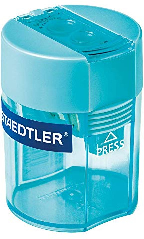 Double pencil sharpener with a cyan container