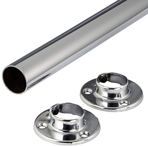 Gedotec Kleiderstange Wandmontage rund | 1 Set Garderobenstange mit 2 Stk Schrankrohrlager Chrom glänzend poliert | POLE | Möbelrohr Stahl 2000 mm Länge Ø 25mm - 60 kg Tragkraft | Kleiderstange Wand