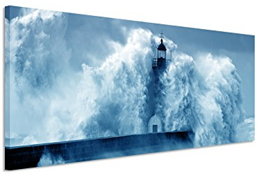 Paul Sinus Art 150x50cm Wandbild – Farbe Blau Petrol Panoramabild Wandbild auf echter Leinwand in sehr hoher Qualität - Leuchtturm im Sturm Fluss Douro