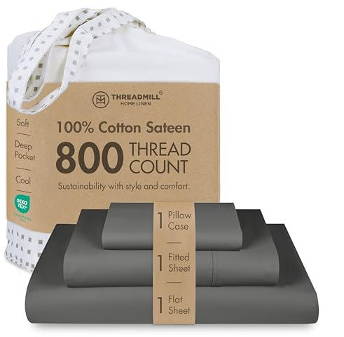 Threadmill Home Linen, set di biancheria da letto in raso a 800 fili, 100% cotone, 4 pezzi, biancheria da letto in tinta unita, tessuto satinato, misura grande, bianco
