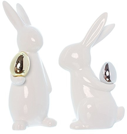 FRANK FLECHTWAREN Osterhasen Classical 2er Set Höhe 20 cm und 23 cm Osterdeko Porzellan weiß bemalt mit Metallic Akzent handbemalt Elegante Tischdekoration