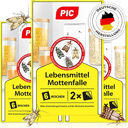 PIC Lebensmittelmotten Falle - 6 Lebensmittelmottenfallen - Mottenfalle mit Pheromon für ideale Wirkung - Mottenfalle Lebensmittel - Effektive Klebefallen zur Befallsermittlung von Lebensmittelmotten